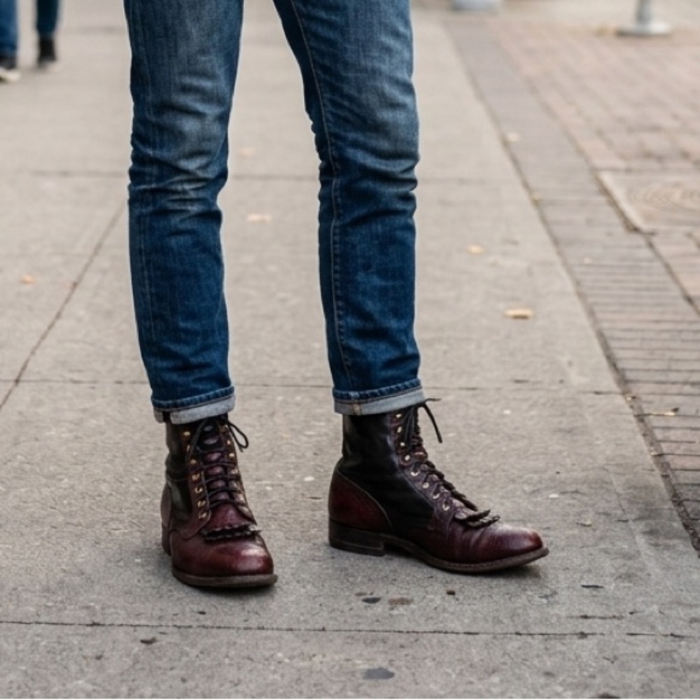 Justin Boots Two-Tone Burgundy and Black Lace-Up Western Boots